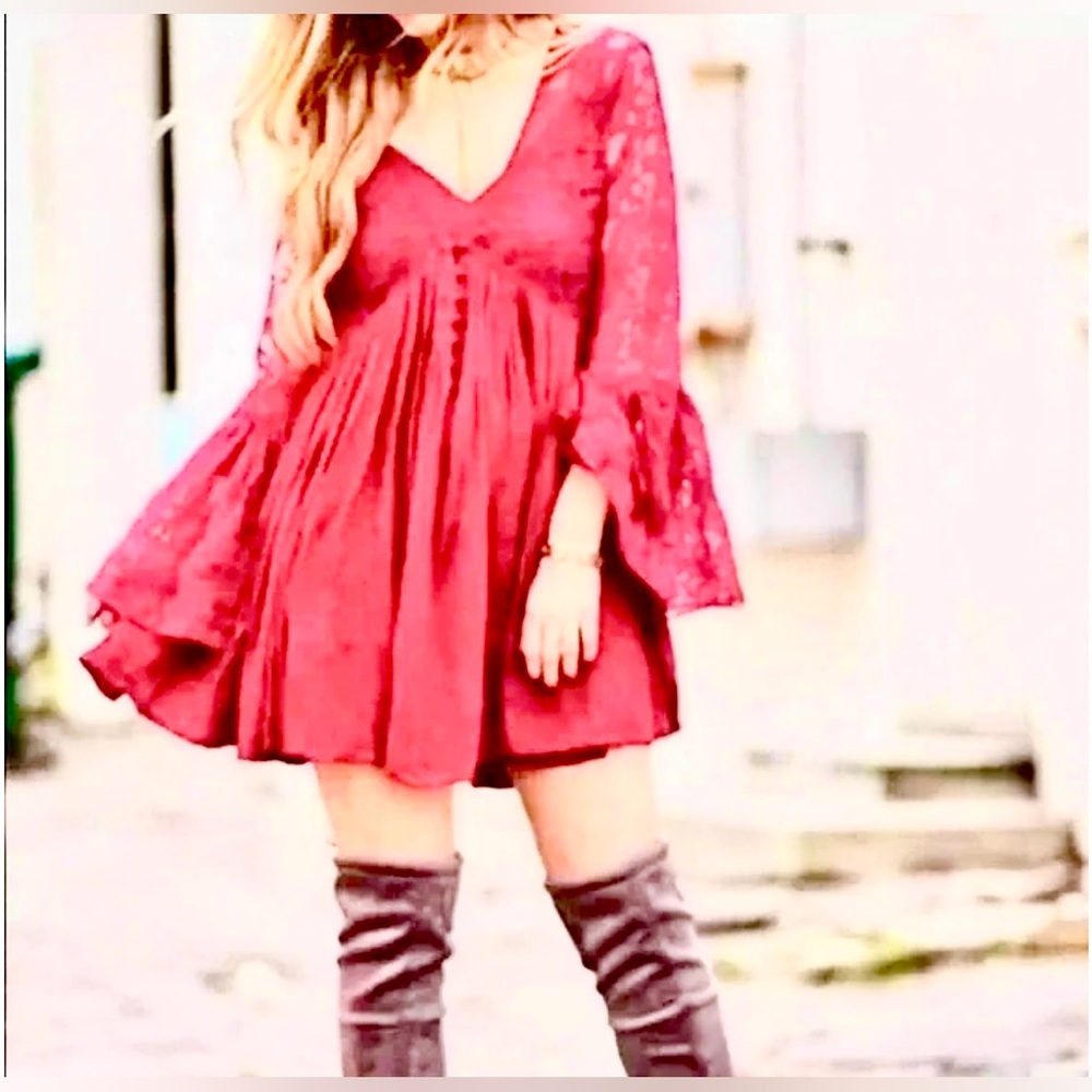Free People With Love From India Bell Sleeve Crochet Lace Mini Boho - Picture 11 of 16